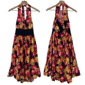 Lindy Bop Fit & Flare Halter Dress Retro Floral Print Midi Pin Up NEW Womens S